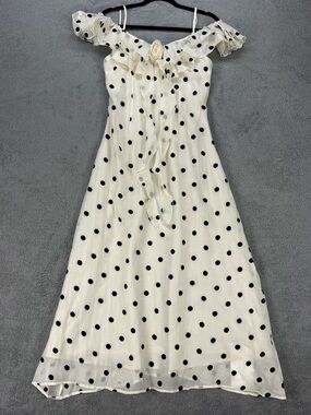 Off-Shoulder Polka Dot Midi Dress Ruffle Neckline Tencel Blend Cream and Black